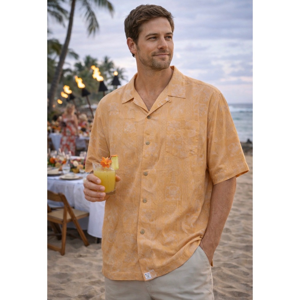 Tommy Bahama Mens XL Silk Blend Tropical Palm Jacquard Camp Shirt Orange Salmon